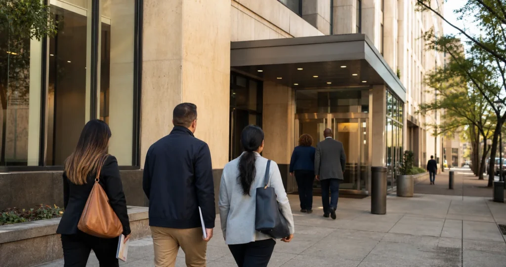 Personas llegando a un edificio de oficinas públicas en Memphis