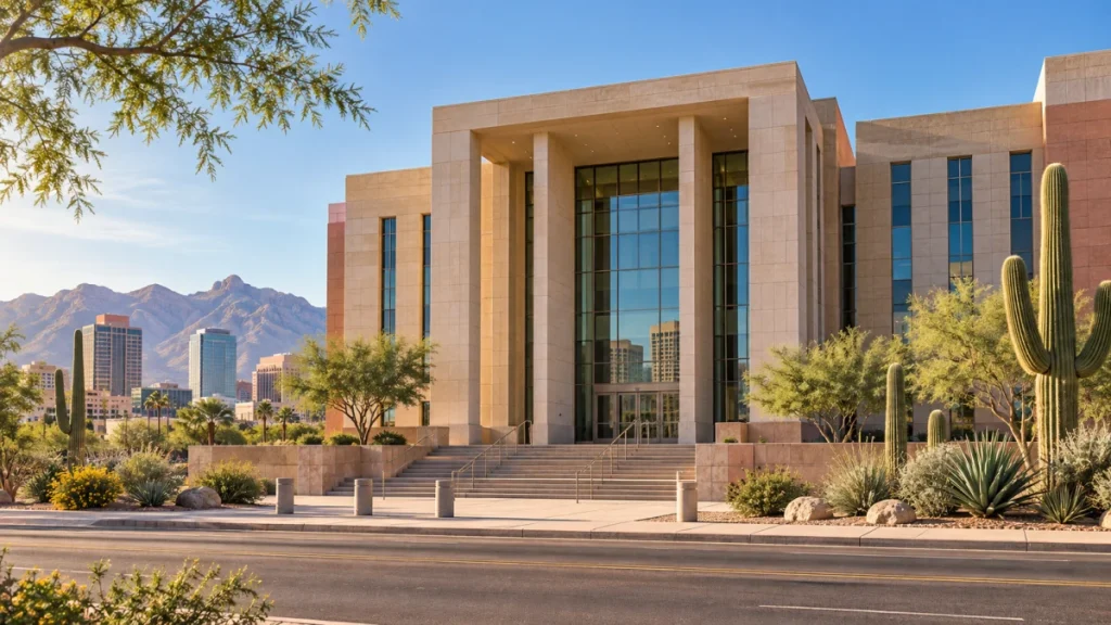 Ilustración editorial de un edificio público en Tucson